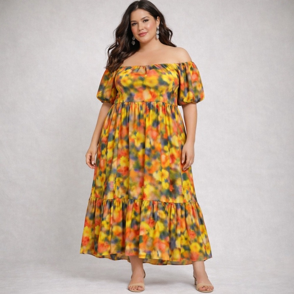 SHEIN FIT+ Off-the-Shoulder Abstract Floral Midi Dress | Size US 28/30 | NWT